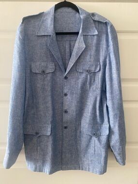 Light Blue Men's Linen Safari Jacket/Shacket with Utility Pockets